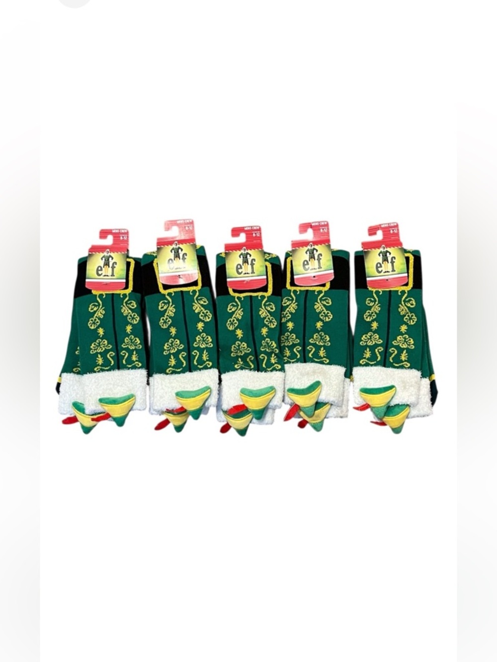 5 Pair Bundle -Elf  3D Costume Design Felt Hat Hunter Green Crew Sock Size: 8-12